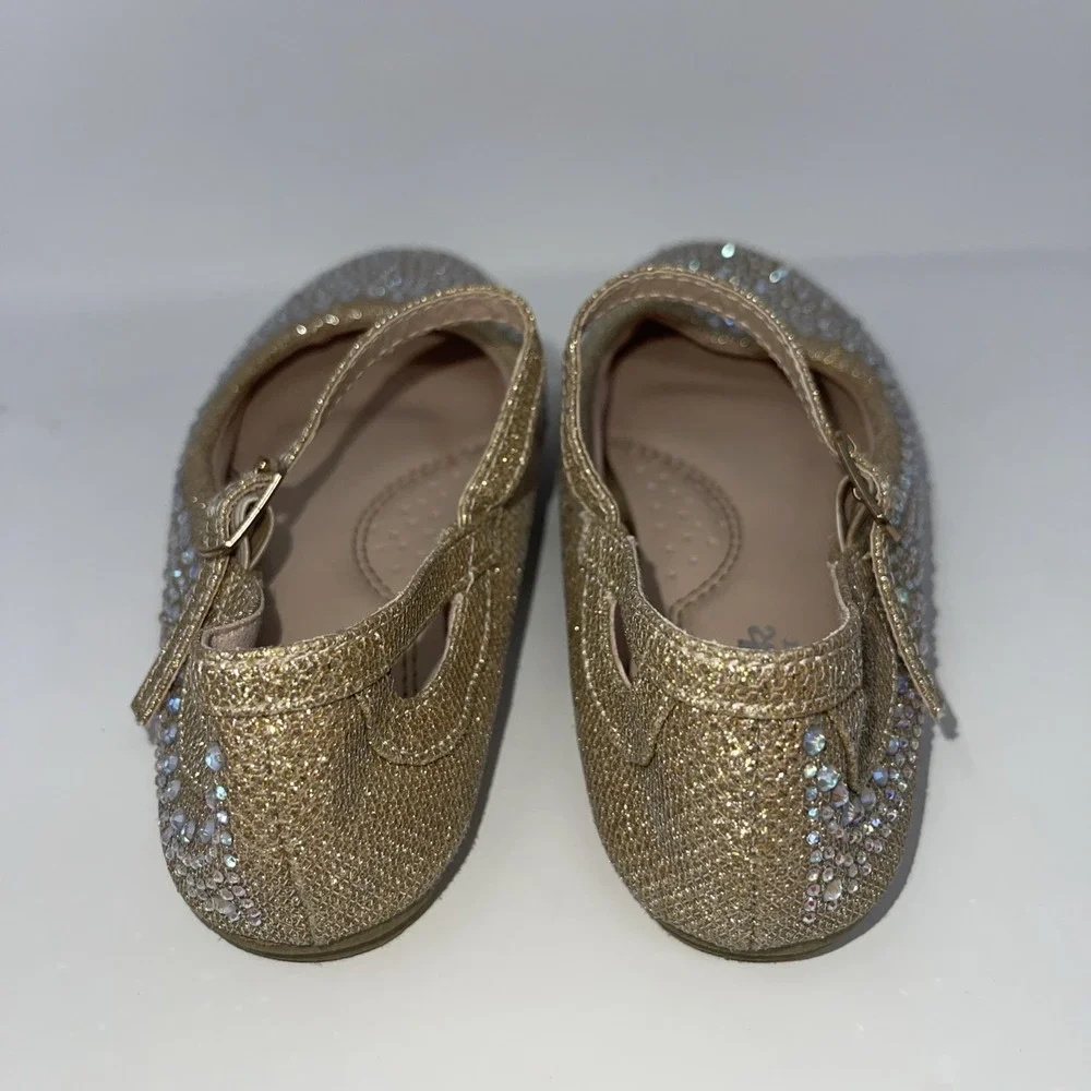 Girls Size 1 Gold Rhinestone‎ Encrusted Glittery Mary Jane Flat Dress Shoes